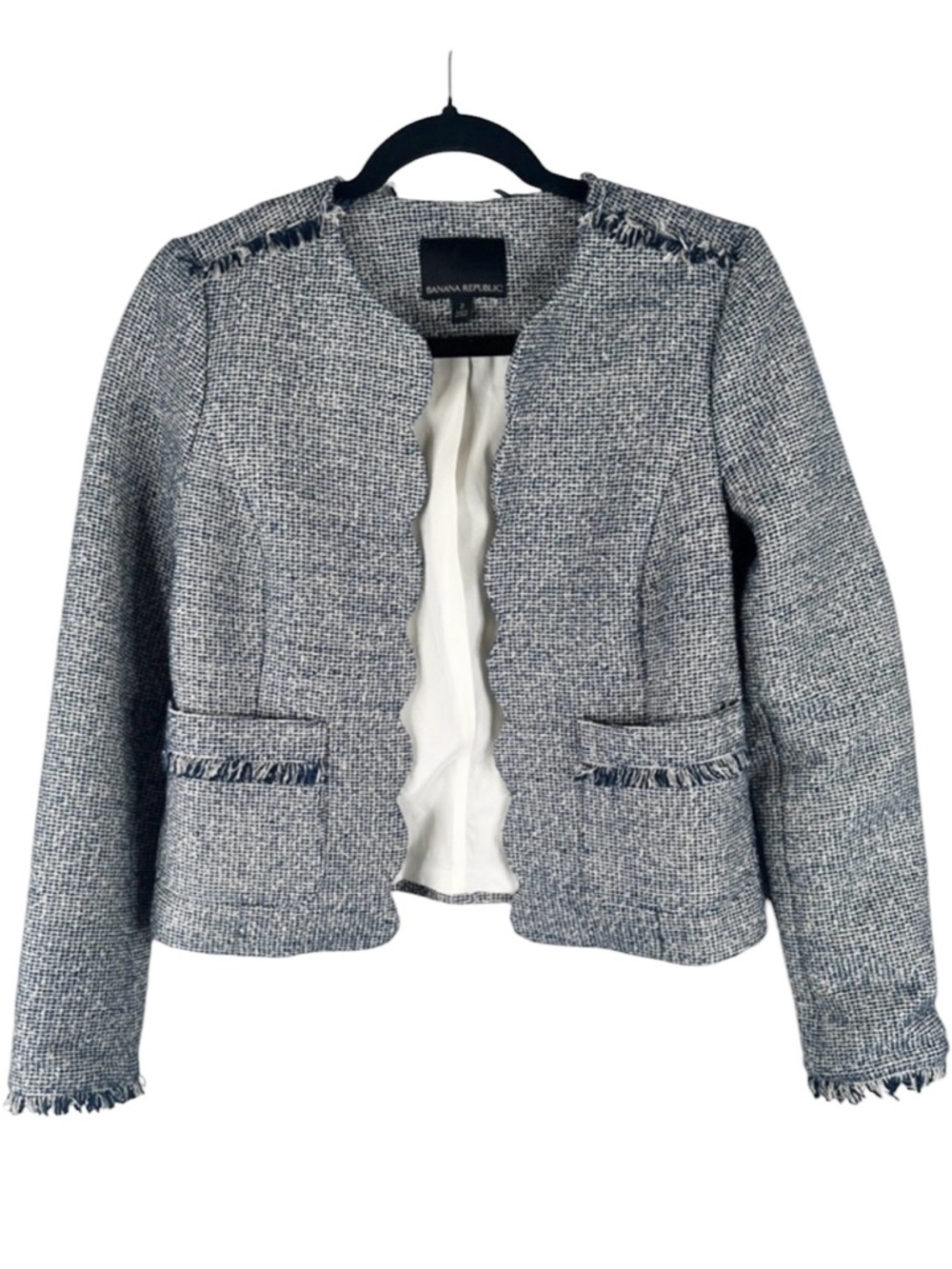 Banana Republic Women's Blue Cream Silver Tinsel Scallop Lapel Blazer Size 2 - Picture 2 of 8